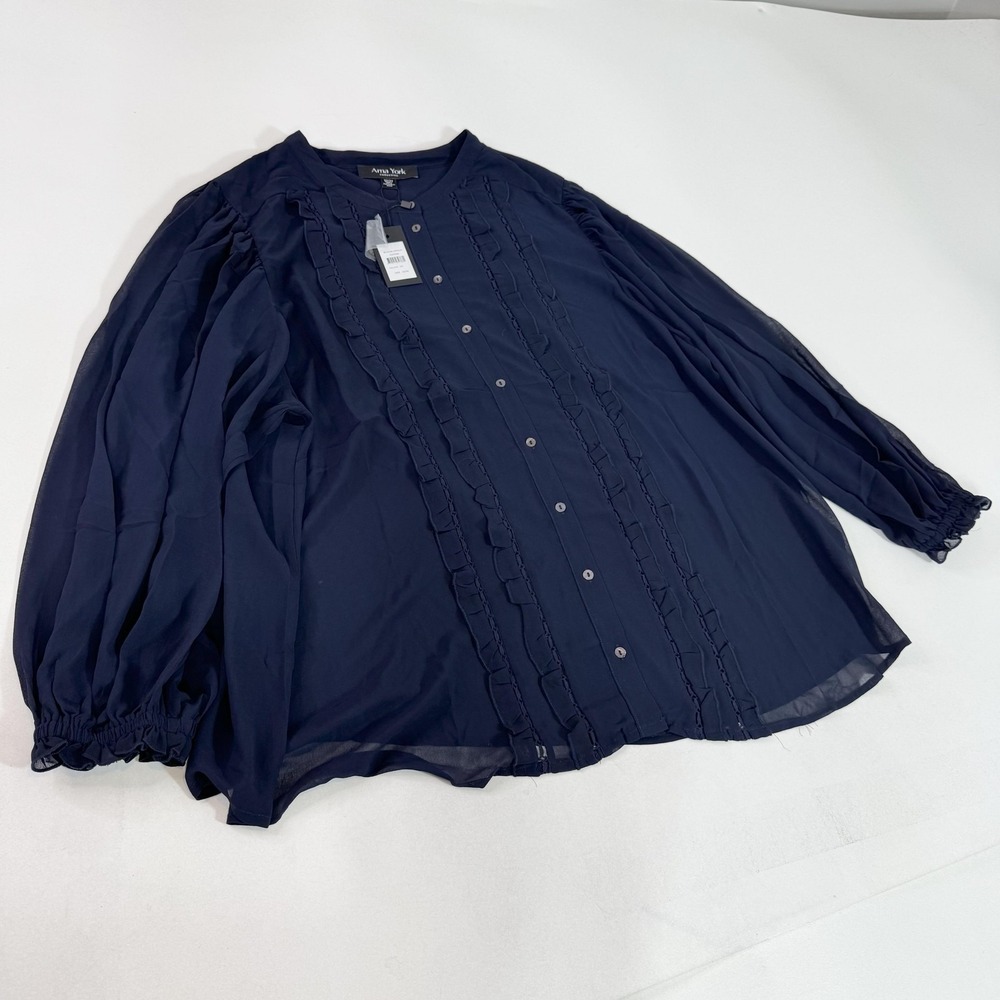 Arna York Blouse Womens 3XL Plus Navy Ruffle Button Front Sheer Long Sleeve